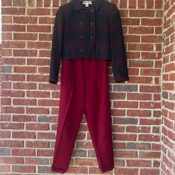 Jones New York Maroon Black Plaid Pant Suit Wool Jacket 4 Pants 6 Academia Women - Picture 1 of 12